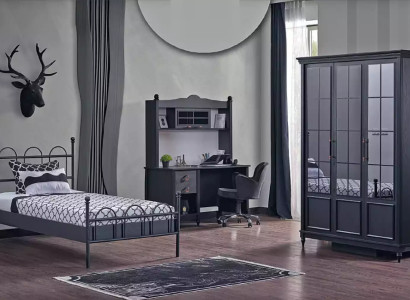 Complete room Bedroom Bed Wardrobe Desk Black 3pcs